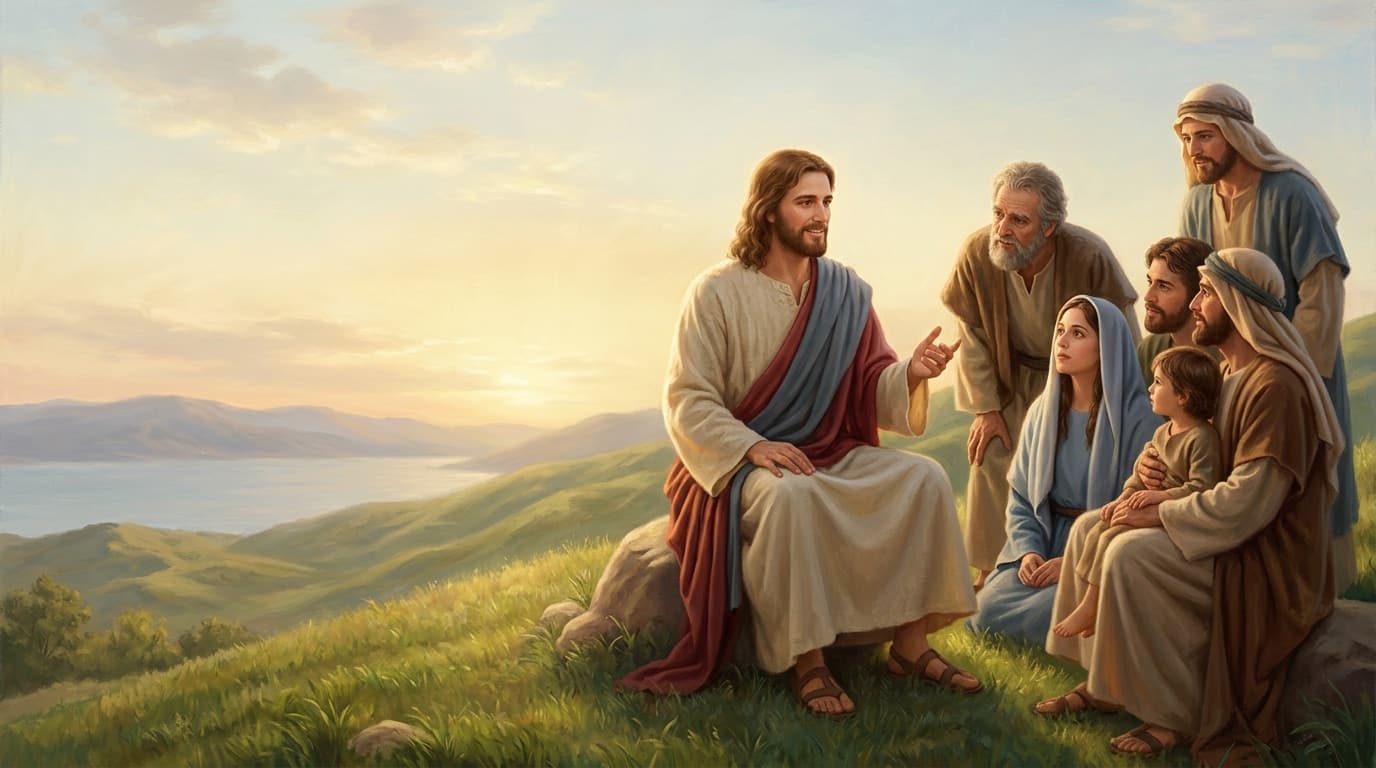 Jesus Christ teaching a small gathering on a hillside above the Sea of Galilee at golden hour